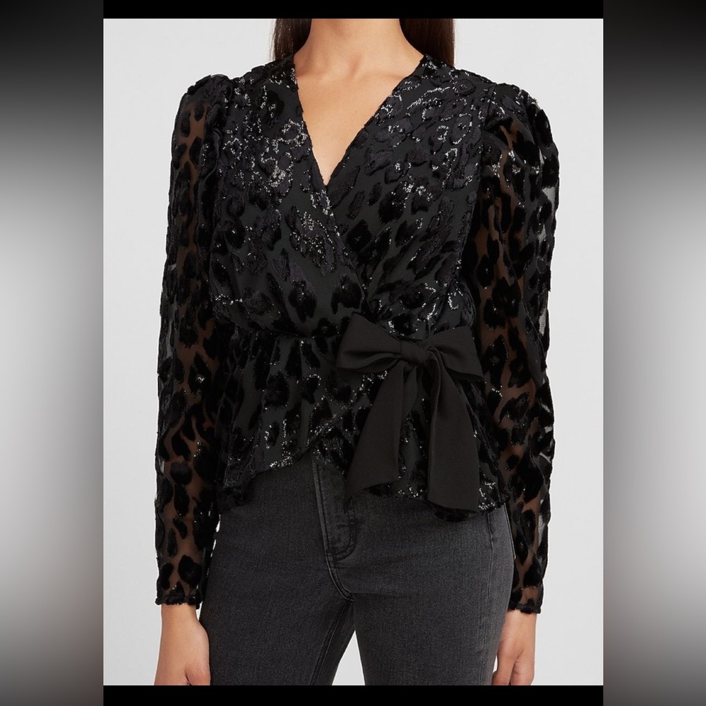 Express Black Metallic Leopard Top with Bow Size Small